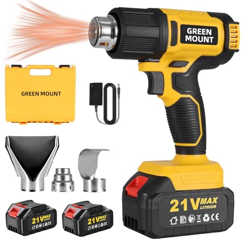GREEN MOUNT 300W Cordless Heat Gun 21V Hot Air Gun with 2 Battery 550/1022 Max for Shrink Tubing Vinyl Wrap Resin & Crafting 3 Nozzle Kit (Portable Electric Heat Gun for DIY)