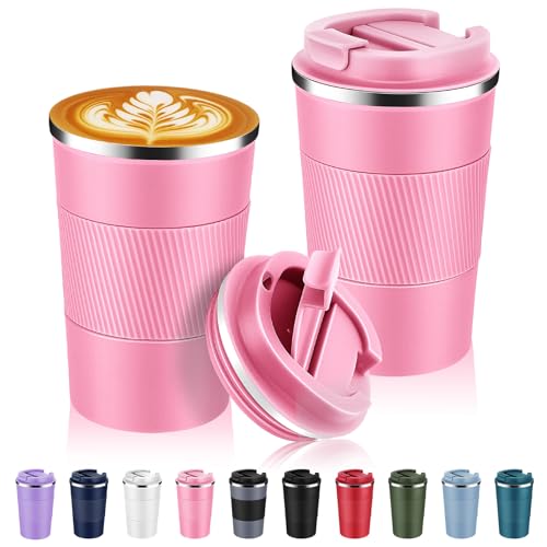 Volhoply 13 oz Stainless Steel Insulated Travel Coffee Mug with Fip Lid Bulk 2 Pack,Reusable Double Wall Vacuum Metal Coffee Cup,Portable Leak Proof Thermal Tumbler for Hot & Cold Drinks(Pink,2)