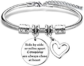 YONGHUI Charm Love Heart Pendant Women Teen Girls Snake Bracelet For Cousin Birthday Christmas Jewellery Gifts Side By Side Or Miles Apart Cousins Are Always Close At Heart Silver