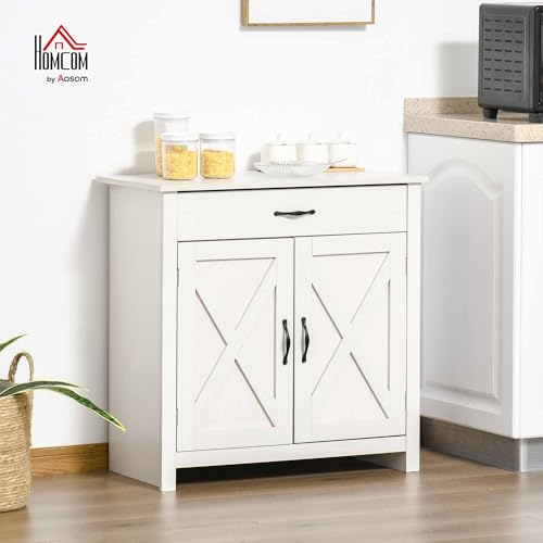HOMCOM Farmhouse Sideboard Buffet Cabinet, Barn Door Coffee Bar Cabinet with Drawer and Adjustable Shelf for Kitchen, Living Room, Entryway, White Wash - Image 3