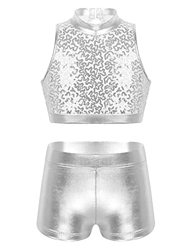 Moily Kids Girls Metallic Two Pieces Dance Outfit Racer Back Sports Bra with Gymnastics Bottoms2