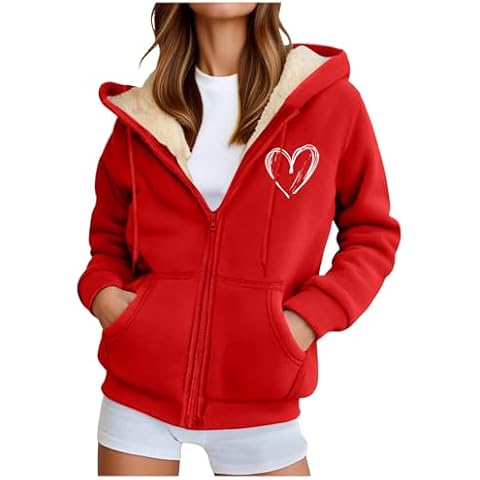 Women Fleece Lined Hoodie Zip Up Heart Printed Casual Pullover Plain Hoodies Oversized Full Zip hoodies Cover