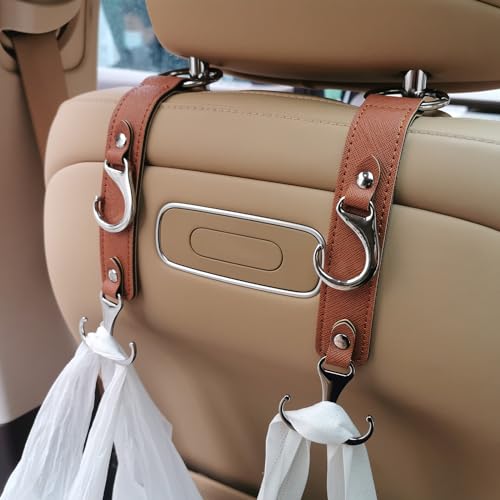Car Purse Hook for Men Women-Upgraded 3 in 1 Stronger Superior Leather Car Purse Holder Vehicle Seat Headrest Hanger Hooks for Grocery Bag Coats Umbrellas Handbag Car Hooks Car Accessories Interior