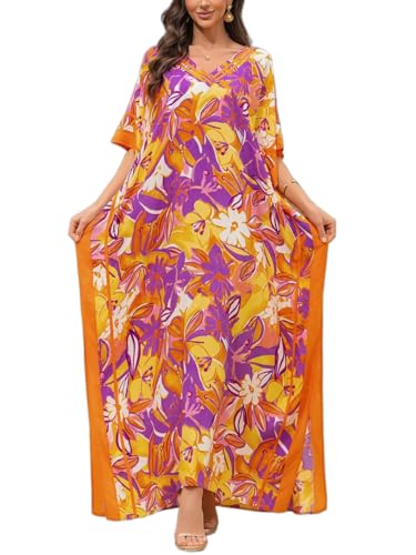 Image of KECVOT Kaftan Dresses for Women V-Neck Print Swimsuit Cover Up Plus Size Beach Caftan Lounge Dress