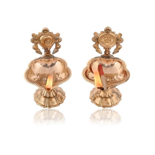 Image of The Purple Tree Pure Brass Shanku Chakra Kuber Diya for Diwali, Diwali Decoration Item for Home Decor, Brass kuber Diya for puja Room & Office, Diwali Festive Gift Item, Brass Diya (Set of 2)