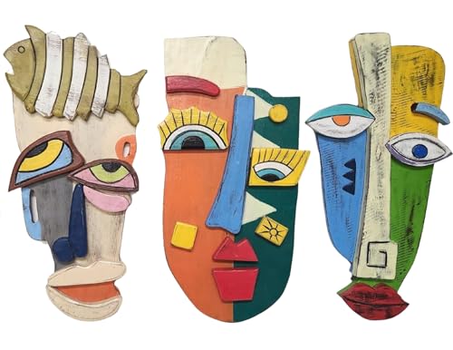 WorldBazzar 3 Pc Abstract MASK African Hand Carved Wooden Tribal Tiki MASK Wall Decor FACE Cubist Picasso, Medium