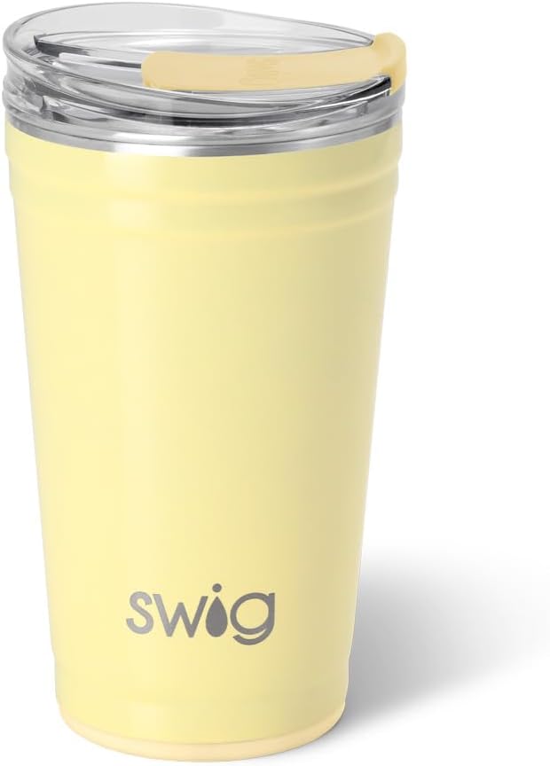 Swig Life 24oz Party Cup, Stackable Insulated Travel Coffee Tumbler with EZ Slider Lid, Cup Holder Friendly, Stainless Steel 24 oz Tumbler, Reusable Coffee Mug (Shimmer Buttercup)