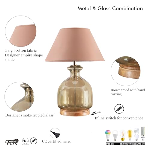 Image of Alper Smoke Luster Glass Table Lamp with Beige Cotton Shade | Modern Designer Bedside & Living Room Decorative Table Light (Bulb Included)