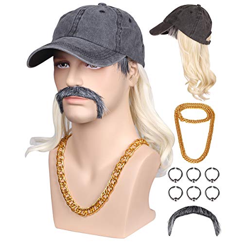Black Hat Blonde Fiber Wig with Golden Chain Ear Clips and Mustache for Men