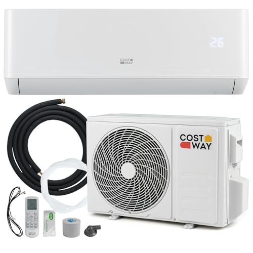 COSTWAY Aire Acondicionado Split, 3,4 kW, Aire Acondicionado con Calefacción con Bomba de Calor,Refrigerante: R32, Calefactor y Refrigerador con Kit de Instalación para Habitación hasta 70m³(12000BTU)
