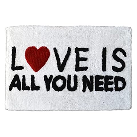 Mooky Mats Love Is All You Need Slogan Bath Mat Non-Slip 50 x 80cm - Hand Tufted Bathroom Rug Cover