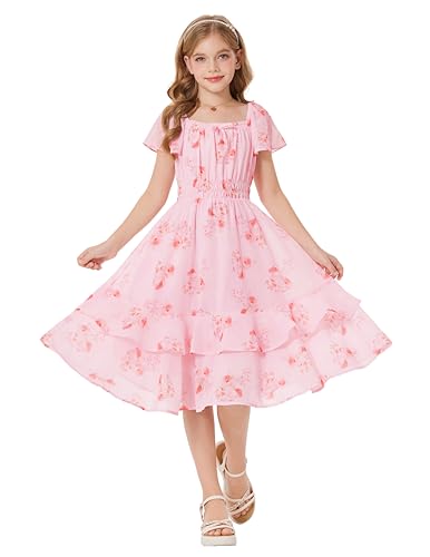 GRACE KARIN Mädchen Kurzarm Kleid Blumenkleid Quadratischer Ausschnitt A-Linie Freizeitkleid mit Gummizug Rosa-weiße Blu...