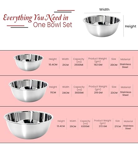Image of Tromso Stainless Steel Mixing Bowl Set for Kitchen 2500ml 3600ml 6300ml Set of 3 Deep Food Grade Steel Bowls for Mixing Kneading Marinating Serving Large Kitchen Bowl Set Silver