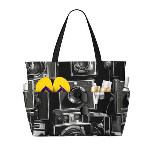Beach Bags For Women Large Waterproof Sandproof Beach Tote Bag Lightweight Zipper Carry On Bag Retro Cool Camera Collection Pool Bag For Gym Travel Vocation