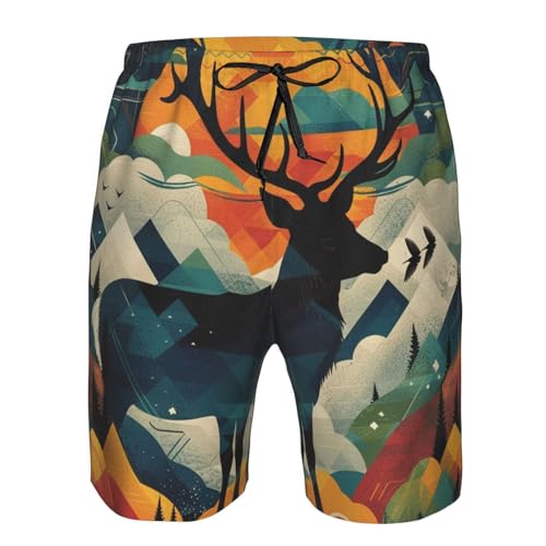 Men's Quick Dry Swim Shorts Deer Mountains Landscape Sunset Modern Art Geometric Beach Trunks with Pockets3