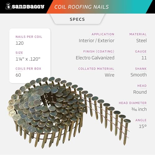 Sandbaggy 1-1/4\" Coil Roofing Nails For Shingles - 15 Degree - Galvanized - Wire Collated, 11 Gauge - 120 Nails Per Coil (10)