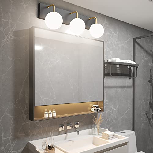 Image of Tipace 3 Lights Mid Century Vintage Bathroom Vanity Light Fixtures Over Mirror Black & Gold Industrial Vanity Lights with Milk White Glass Globe Farmhouse Bath Lighting(Exclude Bulb)