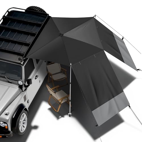 SKYJDM Car Awning for SUV/Truck RV, Shade Waterproof Roof Rack Awning with Side Wall, Heavy Duty Suction Cups & Reinforced Poles for Overland, Camping, Beach, Tailgating (Black)