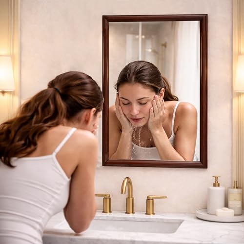 Image of Rousrie Premium Framed Glass Wall Mount Mirror, Decorative, for Bathroom, Bedroom, Living Room and Entryway, Wash Basin (14 by 20 Inch) (Dark Brown)