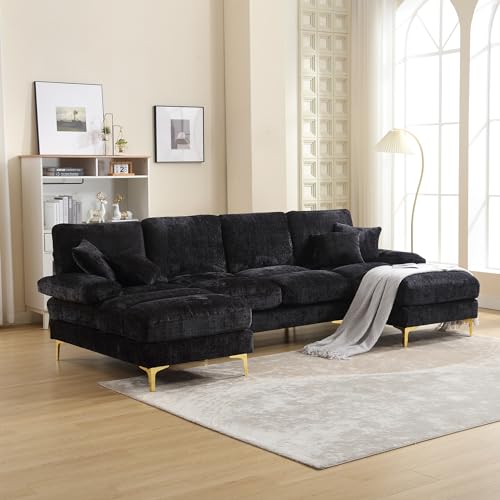 QQU 4 Seater Corner Sofa, Chenille Fabric Sectional Couch, Modular U-Shaped Sofa with Double Chaise for Living Room (Black)