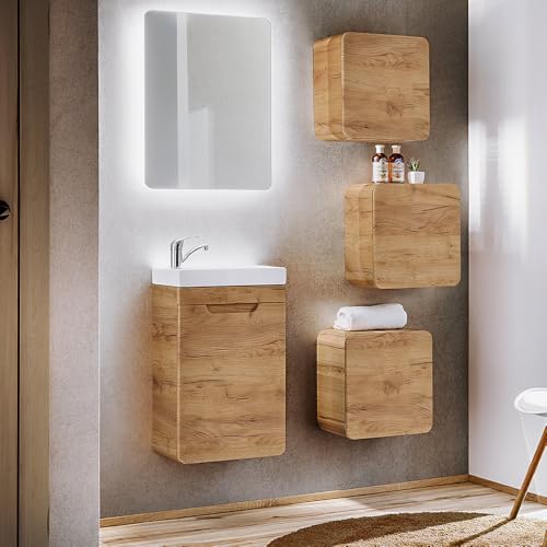 Lomadox Badmöbel Set Gäste WC Badezimmermöbel Badezimmer Schränke Waschtischunterschrank LED Spiegel in Eiche Nb. B/H/T ca. 90/195/22 cm Lomadox Badmöbel Set Gäste WC Badezimmermöbel Badezimmer Schränke Waschtischunterschrank LED Spiegel in Eiche Nb. B/H/T ca. 90/195/22 cm