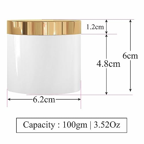 Image of Cosmetic Empty White PP Jar With Golden Top Lid Portable Refillable & Reusable Cosmetic Screw Cap Container for Gel, Scrub. Under Eye cream, Face Cream Lip Balm with Inner Lid 50gm Pack of 5