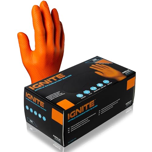 Apex Business Supplies Medium 1 Box Ignite Orange Nitrile Gloves | Disposable Gloves Powder-free & Latex Free Nitrile Gloves, Extra Thick & Diamond Textured Grip Mechanics Gloves | 100 Gloves