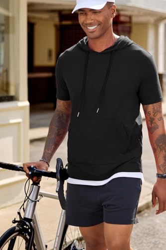 JMIERR Mens Short Sleeve Hoodie Cotton Hooded T-shirts Lightweight Solid Tops with Pocket - Image 3