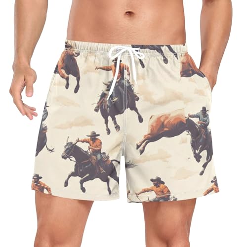 xigua Cowboys Rodeo Colorful Mens Swim Trunks with Liner, 5 inch Quick Dry Mens Boardshorts for Beach