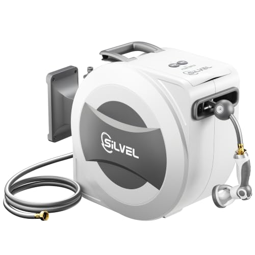 Image of Silvel Automatic Retractable Garden Hose Reel, 1 /2 inch x 110ft Wall Mount, 12V 2.5Ah Battery Powered & Button-type Length Control,Heavy Duty Hose Reel with 10 Pattern Nozzle, Upgraded UV Resistant