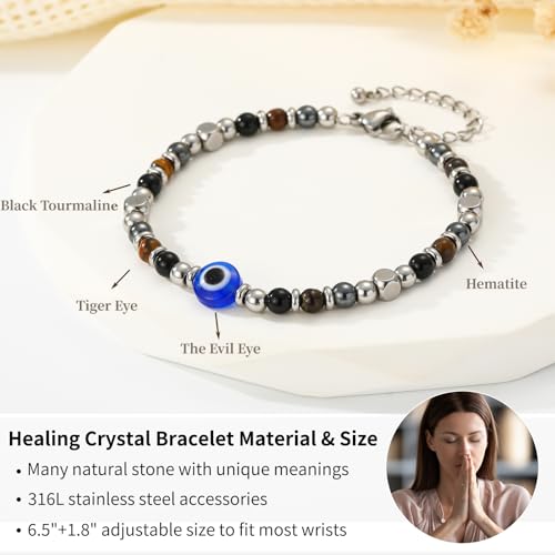 Image of Natural Healing Crystal Bracelet for Women, Triple Protection Anxiety Relief New Beginnings Good Luck Empath Protection Jewelry Gift for Friends Daughter Mom 6.5+1.8 Inches