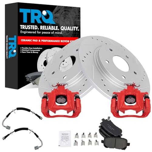 Image of TRQ Performance Rear Brake Pad and Rotor Set Ceramic Coated Drilled Slotted Calipers Compatible with 2011-2012 Chrysler Town and Country Grand Caravan Volkswagen Routan 2012 Ram Cargo Van