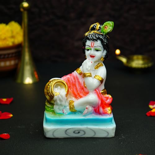 Image of Ekhasa Hand Painted Bal Gopal Murti (5 inch) | Marble Dust Laddu Gopal Murti for Puja | Resin Baby Krishna Idol for Home | Bal Krishna Idol | Colorful Sri Krishna Idols | Makan Chor Idol for Gift