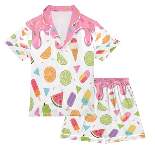 ALAZA Ice Cream Watermelon Lemon Satin Pajamas Set Short Sleeve Button Down Sleepwear Summer Pjs 2 Piece
