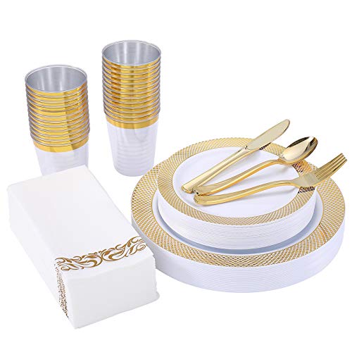 Focusline 175 Piece Gold Dinnerware Set For 25 Guest- Gold Grid Plastic Plates, Gold Plastic Silverware, Gold Plastic Cups And Napkins, Fancy Plastic Plates Disposable Set For Party Weddings Birthday #TOP23