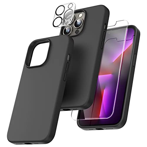 TOCOL [5 in 1 for iPhone 13 Pro Max Case, with 2 Pack Screen Protector + 2 Pack Camera Lens Protector, Slim Liquid Silicone Phone Case 6.7 Inch, [Anti-Scratch] [Drop Protection],Black