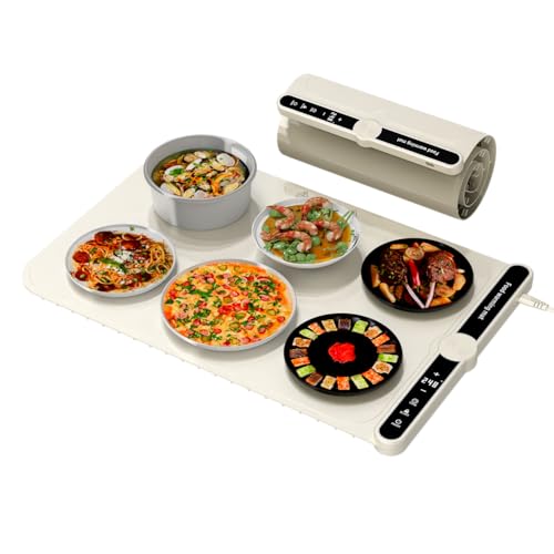 HVMKSR Adjustable Temperature Foldable Electric Warming Tray with 9-Level Heating, Raised Feet Protection, Portable Food Warmer for Parties, Buffets, Family Gatherings, and Travel (Beige)