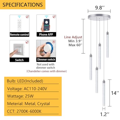 Image of 5 Light Mini Chandelier LED Pendant Lighting for Kitchen Island Modern Bubble Crystal Pendant Light Adjustable Pendant Light Fixture Chrome Ceiling Handing Lights for Dinning Room Bedroom 2700K 6000K