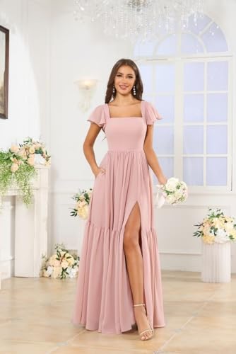 MAGGCIF Flutter Sleeve Bridesmaid Dresses with Pockets Chiffon Square Neck Long Formal Wedding Guest Dress for Women3