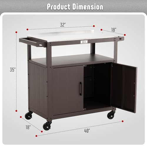 Outdoor Grill Cart with Stainless Steel Tabletop and Storage Cabinet, Movable Kitchen Island with Wheels for BBQ Food Prep, Brown - Thumbnail 3