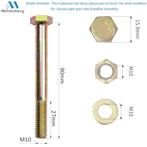 Image of M10 x 90mm Hex Head Bolt and Nylon Lock nut Flat Washer Assortment Kit by Color Galvanization,Alloy Steel,Grade 8.8.(8pcs Pack) by Metalsuberg