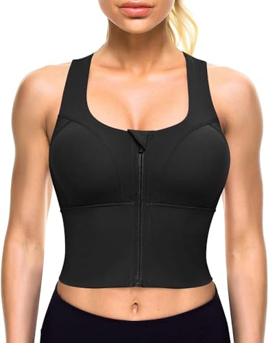 Image of GLAMORAS Women Polyester Spandex Medium Impact Front Zip Sports Bra Longline Fitness Criss Cross Back Crop Tops Tank Gym Yoga Workout, Size: M-2XL