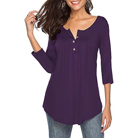 THANTH Womens Shirts Casual Tee V Neck 3/4 Sleeve Button up Loose Fits Tunic Tops Blouses Purple S Cover
