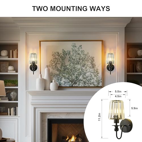 Image of KARTOOSH Hardwired Crystal Wall Sconces Set of 2 | 11.2 Inch Black Wall Lights Dimmable 3000K Warm White Wall Lamps for Hallway, Bathroom, Living Room, Bedroom