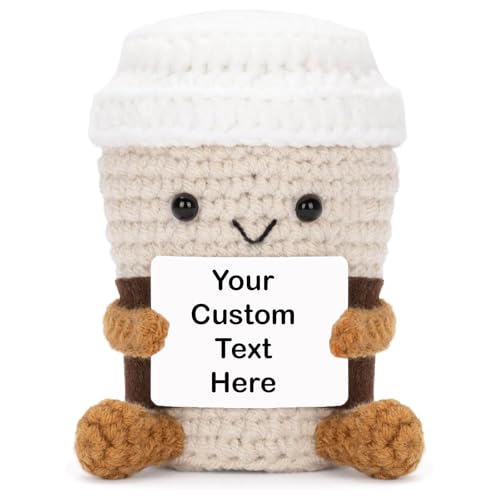 Xyluria Handmade Crochet Coffee Latte Plush, Customizable Text Display Stand,