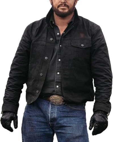 Men Cole Hauser Rip Stone Wheeler Black lightweight Ranch Cowboy Costume Jacket in Rigid Jean Denim and Suede Leather