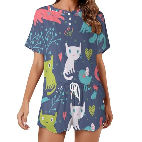 Pyjama femme manches courtes motifs chats colorés vêtement de nuit été léger