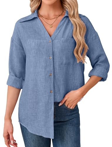 Enmain Blusa Lino Mujer Verano Camisa Manga Larga Femenina Azul Cuello en V Blusas Casual Elegante Cómoda Ligero Transpirable Talla Grande XL Ideal para Oficina Trabajo Playa Vacaciones​
