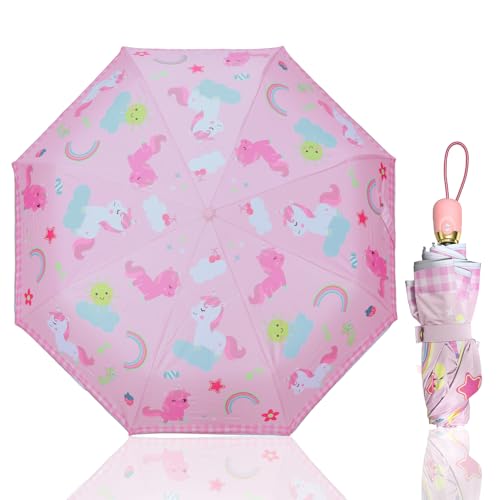 Afkengung Kids Automatic Umbrella with Cartoon Print & Reflective Strip,easy