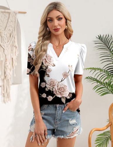 Image of Zeagoo Women Blouses Puff Short Sleeve Tops V Neck Dressy Casual Spring Shirts Boho Floral Cute Clothes 2026